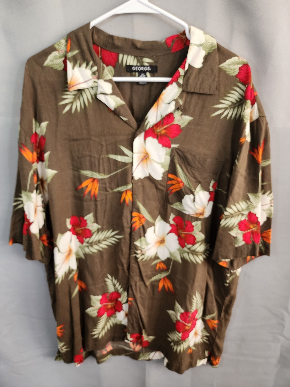 George Brown Floral Hawaiian Button-Up Shirt with Red, White & Orange Blooms